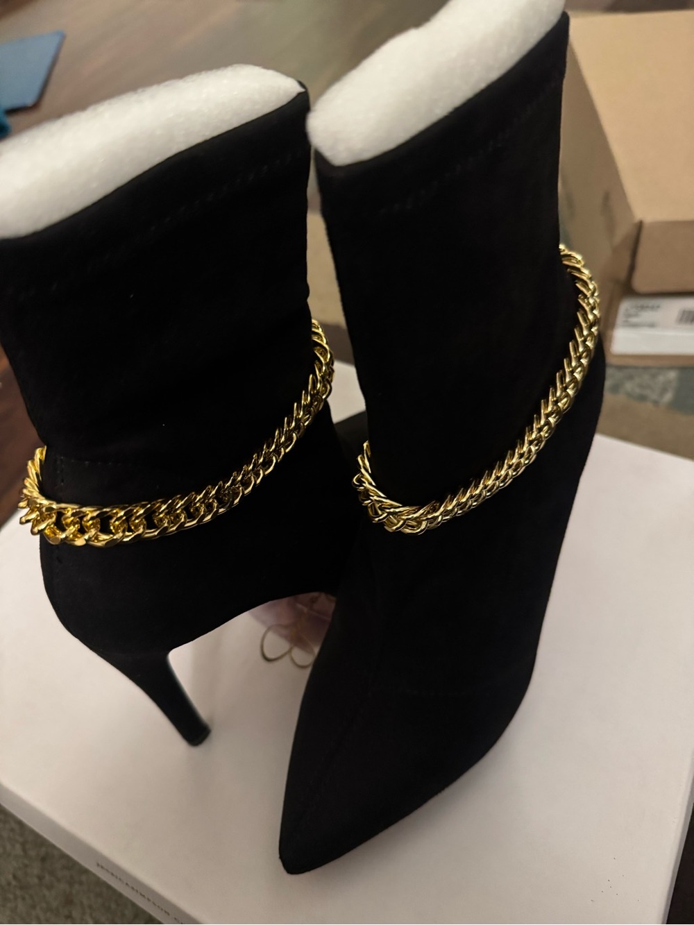 Jessica Simpson Black Pointed Stiletto Ankle Boots with Gold Chain